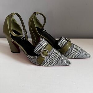 GONZALEZ Jacquard Plaid Heels Pointed Toe Pumps Green Ankle Strap Buckle 8.5